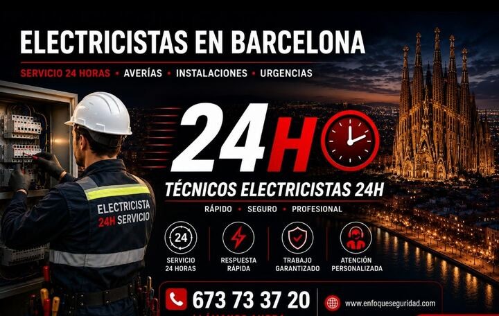 Electricista de Enfoque Seguridad trabajando en un cuadro eléctrico en Barcelona, con la Sagrada Família al fondo
