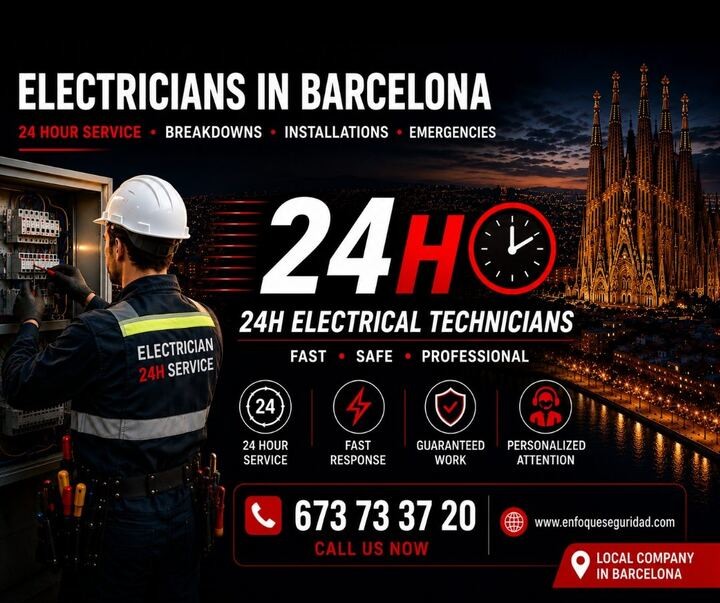 Enfoque Seguridad electrician working on a fuse board in Barcelona, with the Sagrada Família in the background